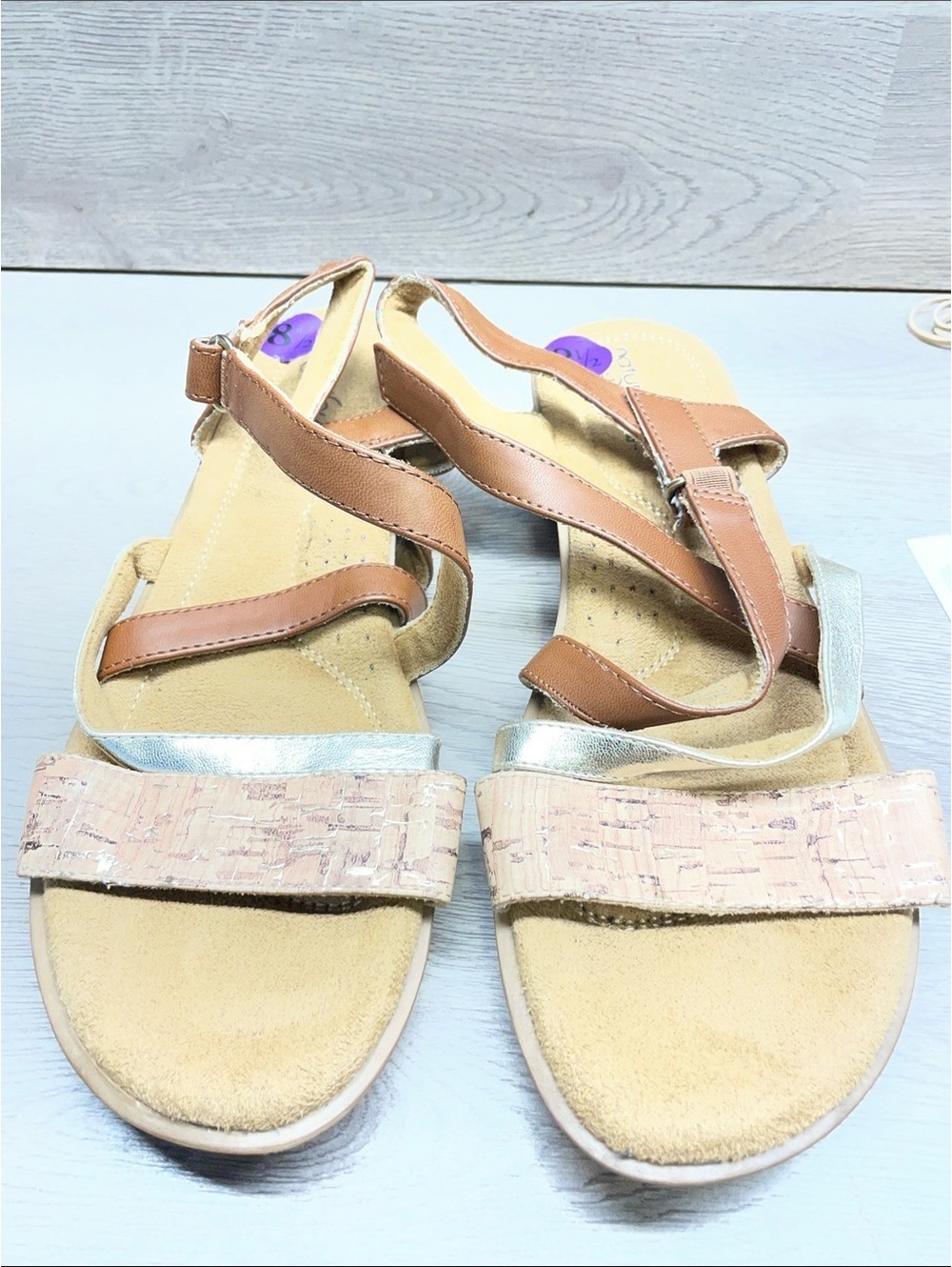 Natural Soul Brown and Silver Cork-Accent Strappy Sandals #1378